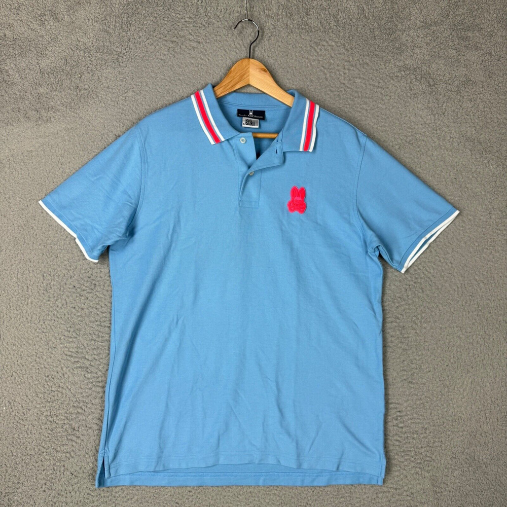 Psycho Bunny Polo Shirt Mens 6 or Large Blue Hot Pink Logo 100% Pima Cotton